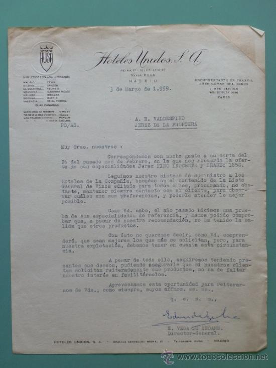 Gesch&auml;ftsbriefe: CARTA COMERCIAL. HOTELES UNIDOS S.A.  MADRID 1956.