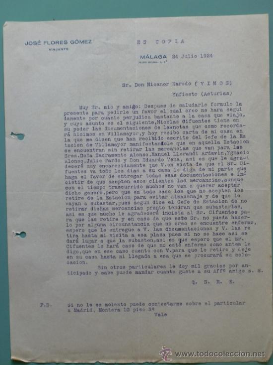 Gesch&auml;ftsbriefe: CARTA COMERCIAL. JOSE FLORES GOMEZ. VIAJANTE. MALAGA 1924.