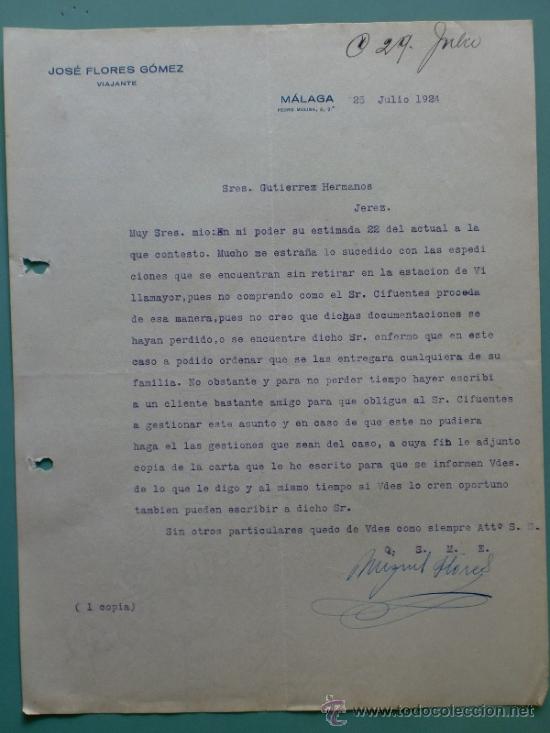 Gesch&auml;ftsbriefe: CARTA COMERCIAL. JOSE FLORES GOMEZ. VIAJANTE. MALAGA 1924.