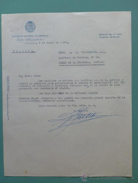Gesch&auml;ftsbriefe: CARTA COMERCIAL. ESTEBAN BASTIDA ETCHEBEST, GESTOR ADMINISTRATIVO. MADRID 1951.