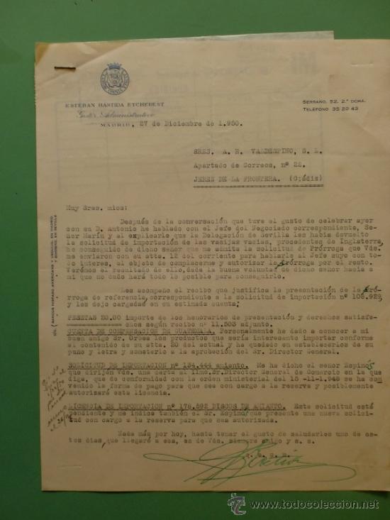 Gesch&auml;ftsbriefe: CARTA COMERCIAL. ESTEBAN BASTIDA ETCHEBEST, GESTOR ADMINISTRATIVO. MADRID 1950.