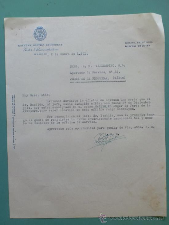 Gesch&auml;ftsbriefe: CARTA COMERCIAL. ESTEBAN BASTIDA ETCHEBEST, GESTOR ADMINISTRATIVO. MADRID 1951.