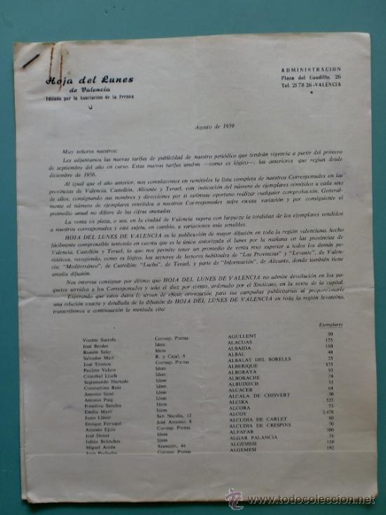 Lettres commerciales: CARTA COMERCIAL. HOJA DEL LUNES DE VALENCIA. ADMINISTRACION. AGOSTO 1959.