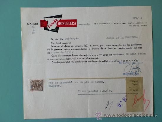 Lettres commerciales: FACTURA. ESPA&Ntilde;A HOSTELERIA. ADMINISTRACION. REVISTA MES DE ENERO 1959.MADRID