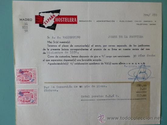Lettres commerciales: FACTURA. ESPA&Ntilde;A HOSTELERIA. ADMINISTRACION. REVISTA MES DE DICIEMBRE 1958.MADRID