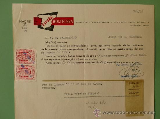 Lettres commerciales: FACTURA. ESPA&Ntilde;A HOSTELERIA. ADMINISTRACION. REVISTA MES DE MARZO 1959.MADRID