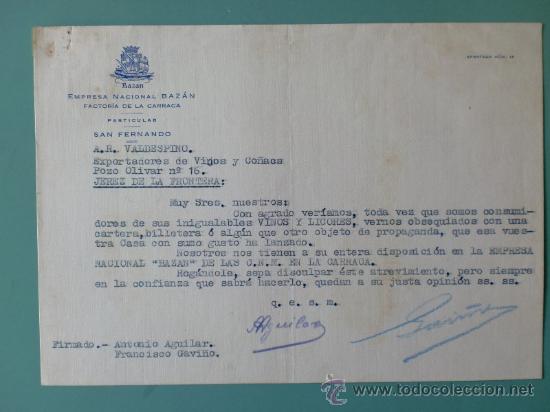 Lettres commerciales: CARTA COMERCIAL. EMPRESA NACIONAL BAZAN, FACTORIA DE LA CARRACA. CARTA PARTICULAR.SAN FERNANDO