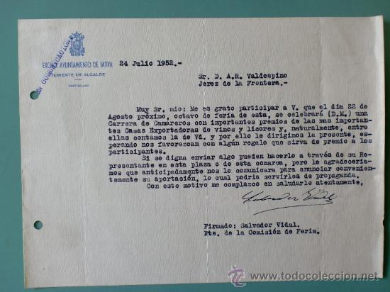 Lettres commerciales: CARTA COMERCIAL. EXCMO. AYUNTAMIENTO DE JATIVA (VALENCIA). TENIENTE DE ALCALDE. JULIO 1952.