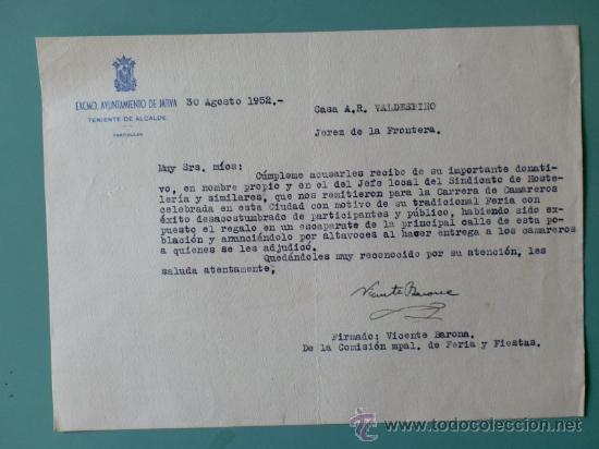 Lettres commerciales: CARTA COMERCIAL. EXCMO. AYUNTAMIENTO DE JATIVA (VALENCIA). TENIENTE DE ALCALDE. AGOSTO 1952.
