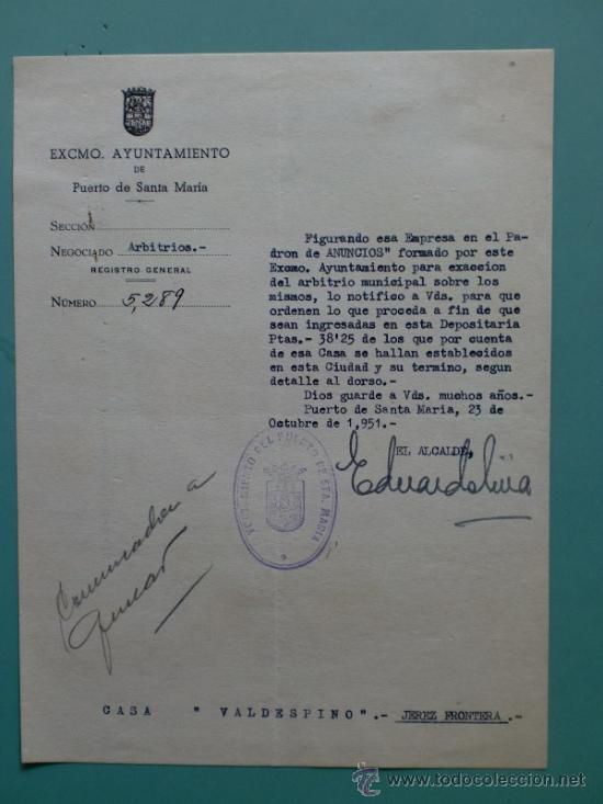 Lettres commerciales: CARTA COMERCIAL. EXCMO. AYUNTAMIENTO DE PUERTO DE SANTA (CADIZ). ARBITRIOS. OCTUBRE 1951.