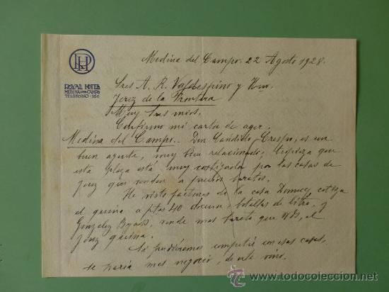 Lettres commerciales: CARTA COMERCIAL. ROYAL HOTEL, MEDINA DEL CAMPO. AGOSTO 1928.
