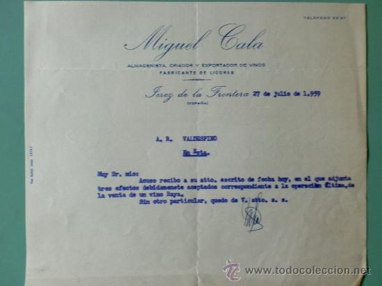 Lettres commerciales: CARTA COMERCIAL. MIGUEL GALA. ALMACENISTA, CRIADOR Y EXPORTADOR DE VINOS. JEREZ 1959.