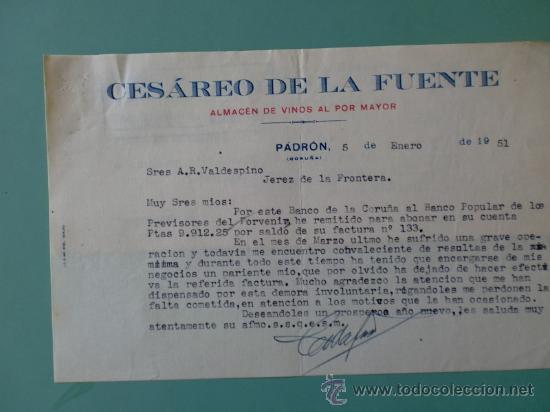 Lettres commerciales: CARTA COMERCIAL. CESAREO DE LA FUENTE. ALMACEN DE VINOS AL POR MAYOR. PADRON (CORU&Ntilde;A). ENERO 1951.