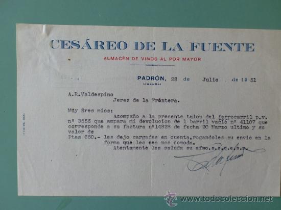 Lettres commerciales: CARTA COMERCIAL. CESAREO DE LA FUENTE. ALMACEN DE VINOS AL POR MAYOR. PADRON (CORU&Ntilde;A). JULIO 1951.