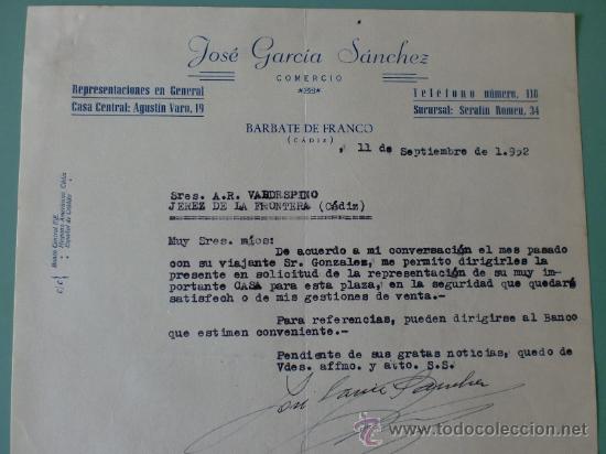 Lettres commerciales: CARTA COMERCIAL. JOSE GARCIA SANCHEZ. REPRESENTACIONES EN GENERAL. BARBATE DE FRANCO (CADIZ). 1952.