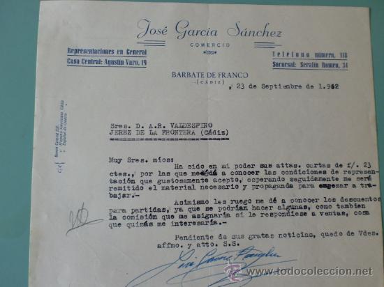 Lettres commerciales: CARTA COMERCIAL. JOSE GARCIA SANCHEZ. REPRESENTACIONES EN GENERAL. BARBATE DE FRANCO (CADIZ). 1952.