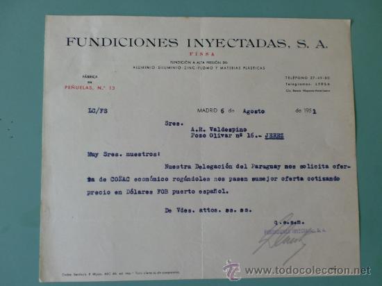 Lettres commerciales: CARTA COMERCIAL. FUNDICIONES INYECTADAS S.A., FINSA.  MADRID AGOSTO 1951.