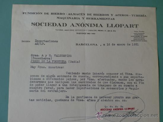 Lettres commerciales: CARTA COMERCIAL. SOCIEDAD ANONIMA LLOPART. SECCION IMPORTACIONES. BARCELONA. ENERO 1951.
