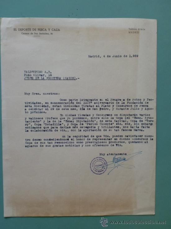 Lettres commerciales: CARTA COMERCIAL. EL DEPORTE DE CAZA Y PESCA. MADRID. JUNIO 1959.