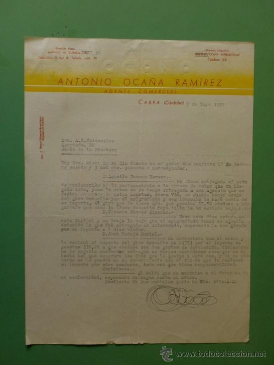 Lettres commerciales: CARTA COMERCIAL. CABRA, CORDOBA. MAYO 1952. ANTONIO OCA&Ntilde;A RAMIREZ. GENTE COMERCIAL.