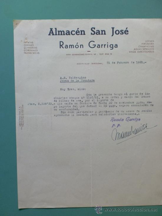Lettres commerciales: CARTA COMERCIAL. HOSPITALET, BARCELONA. FEBRERO 1951. ALMACEN SAN JOSE, RAMON GARRIGA.