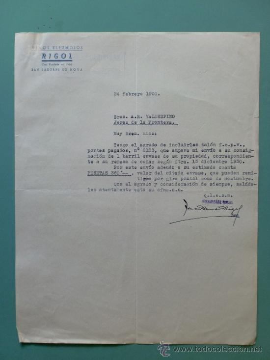 Lettres commerciales: CARTA COMERCIAL. SAN SADURNI DE NOYA. FEBRERO 1951. VINOS ESPUMOSOS RIGOL.