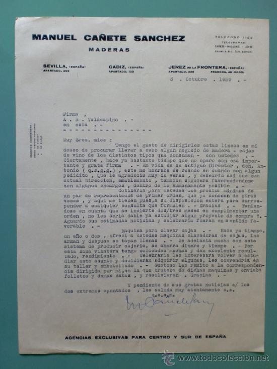 Lettres commerciales: CARTA COMERCIAL. JEREZ. OCTUBRE 1959. MANUEL CA&Ntilde;ETE SANCHEZ. MADERAS.