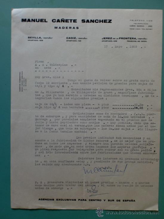 Lettres commerciales: CARTA COMERCIAL. JEREZ. MAYO 1959. MANUEL CA&Ntilde;ETE SANCHEZ. MADERAS.