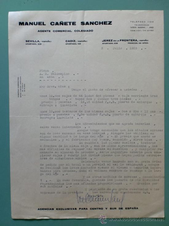 Lettres commerciales: CARTA COMERCIAL. JEREZ. JULIO 1959. MANUEL CA&Ntilde;ETE SANCHEZ. MADERAS.