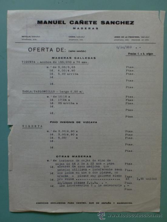 Lettres commerciales: CARTA COMERCIAL. JEREZ. OCTUBRE 1959. MANUEL CA&Ntilde;ETE SANCHEZ. MADERAS.