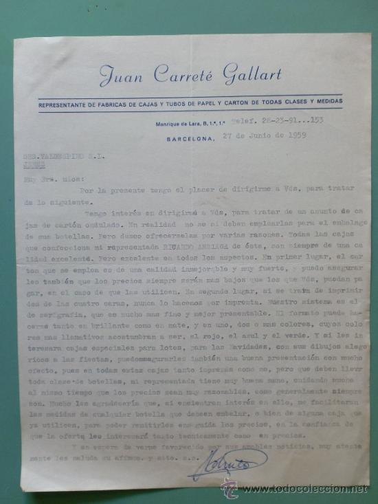 Lettres commerciales: CARTA COMERCIAL. BARCELONA. JUNIO 1959. JUAN CARRETE GALLART. REPRESENTANTE.