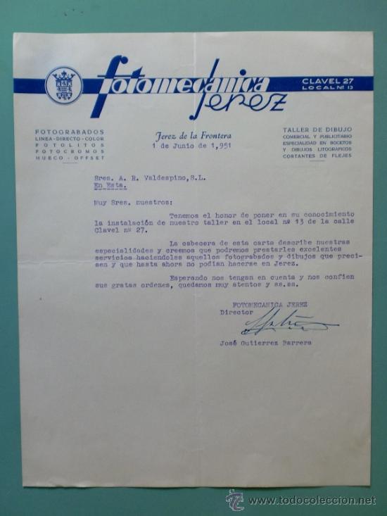 Cartas comerciales: CARTA COMERCIAL. JEREZ. JUNIO 1951. FOTOMECANICA JEREZ. FOTOGRABADOS, TALLER DE DIBUJO.