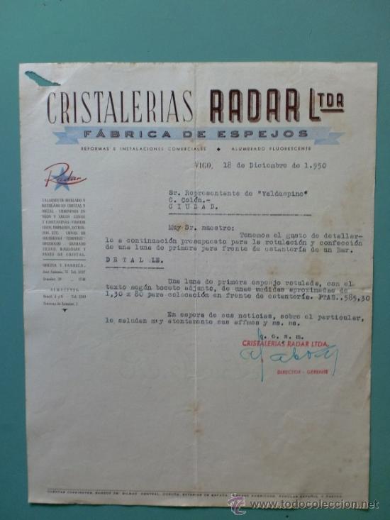 Cartas comerciales: CARTA COMERCIAL. VIGO. DICIEMBRE 1950. CRISTALERIAS RADAR LTDA. FABRICA DE ESPEJOS.