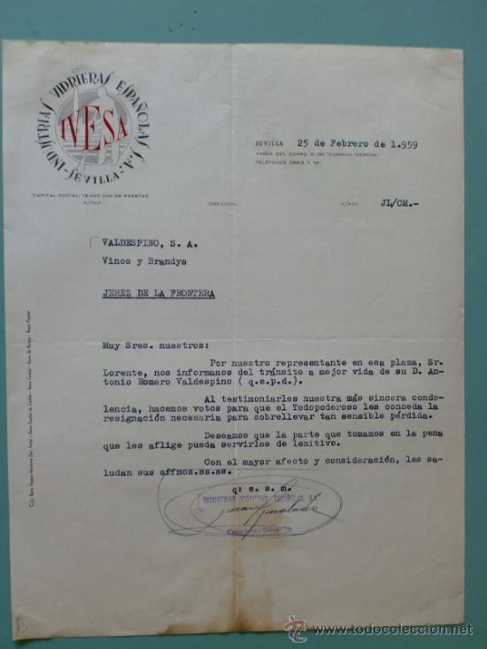 Cartas comerciales: CARTA COMERCIAL. SEVILLA. FEBRERO 1959. IVESA. INDUSTRIAS VIDRIERAS ESPA&Ntilde;OLAS S.A. SEVILLA.