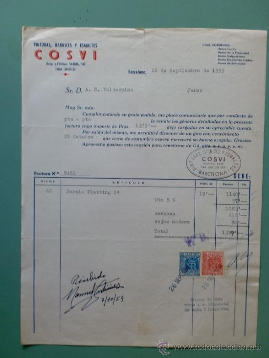 Commercial Letters: FACTURA. BARCELONA. SEPTIEMBRE 1959. PINTURAS, BARNICES Y ESMALTES. COSVI.