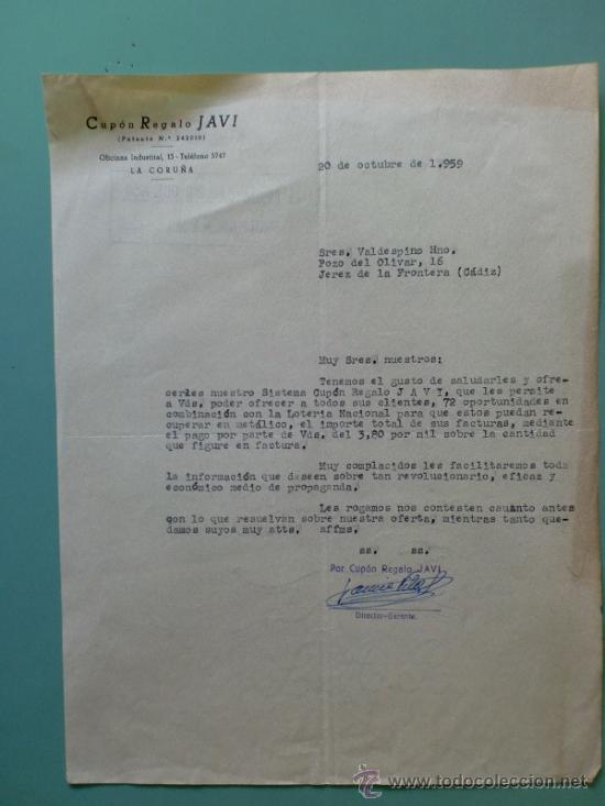 Commercial Letters: CARTA COMERCIAL. LA CORU&Ntilde;A. OCTUBRE 1959. CUPON REGALO JAVI.