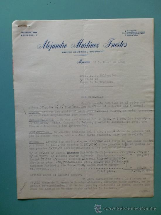 Commercial Letters: CARTA COMERCIAL. MURCIA. ENERO 1960. ALEJANDRO MARTINEZ FUERTES. AGENTE COMERCIAL COLEGIADO.