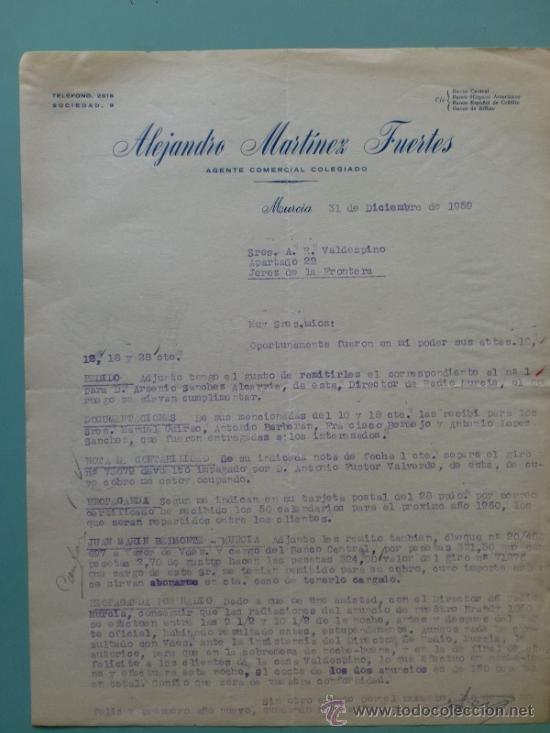 Commercial Letters: CARTA COMERCIAL. MURCIA. DICIEMBRE 1959. ALEJANDRO MARTINEZ FUERTES. AGENTE COMERCIAL COLEGIADO.