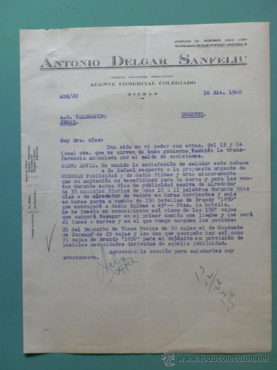 Commercial Letters: CARTA COMERCIAL. BILBAO. DICIEMBRE 1960. ANTONIO DELGAR SANFELIU. AGENTE COMERCIAL COLEGIADO.