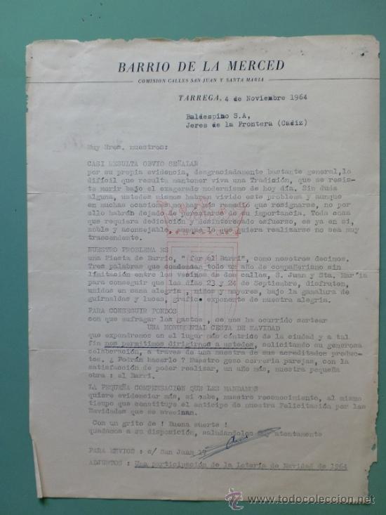 Commercial Letters: CARTA COMERCIAL. TARREGA, LERIDA. NOVIEMBRE 1964. BARRIO DE LA MERCED.