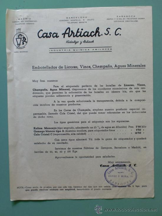 Commercial Letters: CARTA COMERCIAL. ZARAGOZA. CASA ARTIACH S. C. HIDALGO Y ARTIACH. INDUSTRIA QUIMICA AMILACEA.