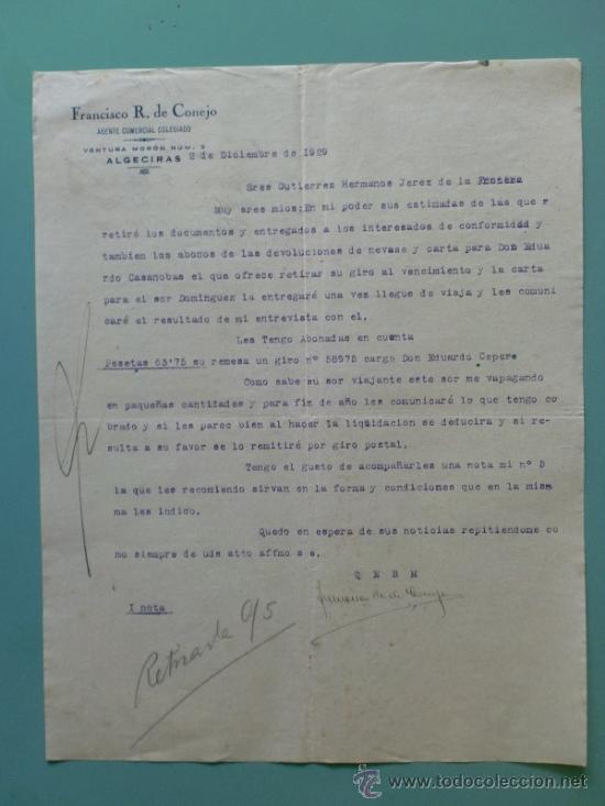 Commercial Letters: CARTA COMERCIAL. ALGECIRAS. DICIEMBRE 1929. FRANCISCO R. DE CONEJO. AGENTE COMERCIAL COLEGIADO.