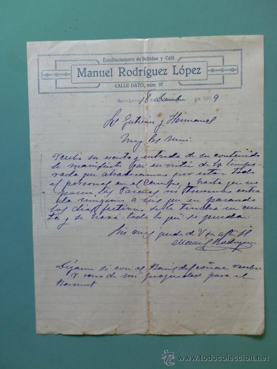 Commercial Letters: CARTA COMERCIAL. MARCHENA. DICIEMBRE 1929. MANUEL RODRIGUEZ LOPEZ. ESTABLECIMIENTO DE BEBIDAS Y CAFE