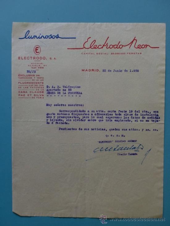 Commercial Letters: CARTA COMERCIAL. MADRID. JUNIO 1958. ELECTRODO NEON. LUMINOSOS.