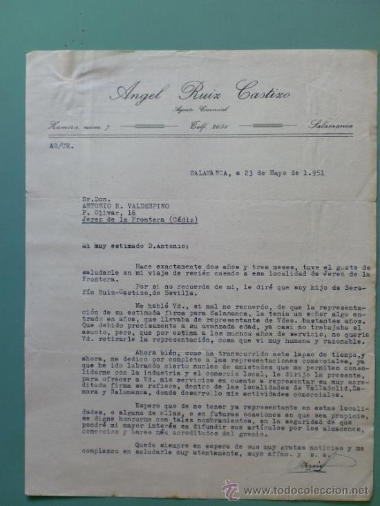 Commercial Letters: CARTA COMERCIAL. SALAMANCA. MAYO 1951. ANGEL RUIZ CASTIZO. AGENTE COMERCIAL.