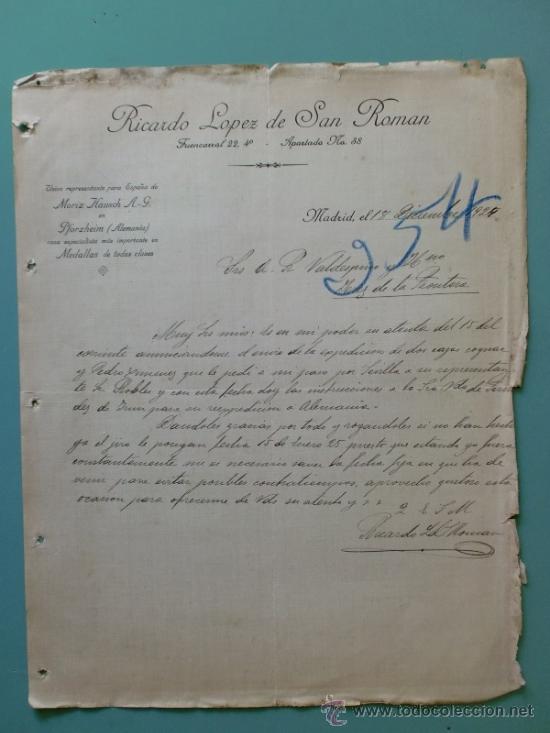 Commercial Letters: CARTA COMERCIAL. MADRID. DICIEMBRE 1924. RICARDO LOPEZ DE SAN ROMAN. REPRESENTANTE DE MORIZ HAUSCH.