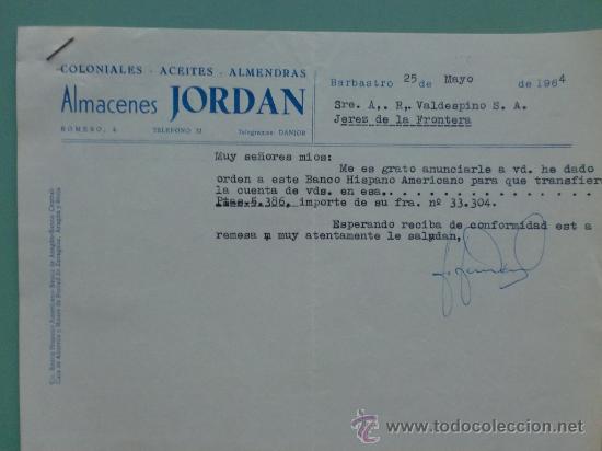 Commercial Letters: CARTA COMERCIAL. 1964. BARBASTRO. ALMACENES JORDAN. PARA, SRES. A. R. VALDESPINO.