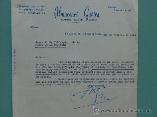Commercial Letters: CARTA COMERCIAL. 1964. LA LINEA, CADIZ. MANUEL GAVIRA SAENZ. ALMACENES GAVIRA. SR. A. R. VALDESPINO.