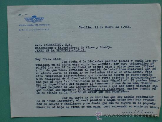 Gesch&auml;ftsbriefe: CARTA COMERCIAL.1964.SEVILLA. REGION AEREA DEL ESTRECHO. JEFE DE LA 1&ordf; SECCION. SR. A. R. VALDESPINO