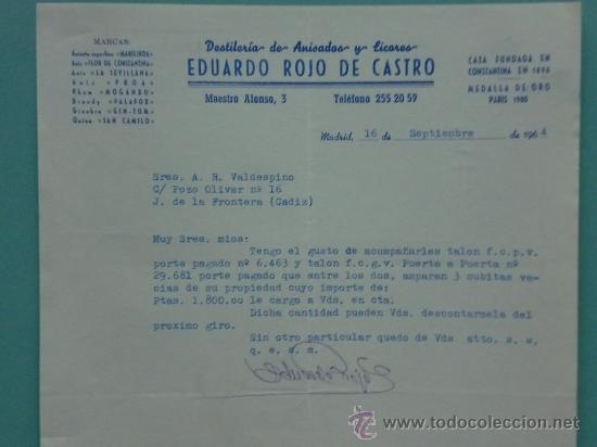 Gesch&auml;ftsbriefe: CARTA COMERCIAL. MADRID. 1964. EDUARDO ROJO DE CASTRO. DESTILERIA. PARA, SRES. A. R. VALDESPINO.